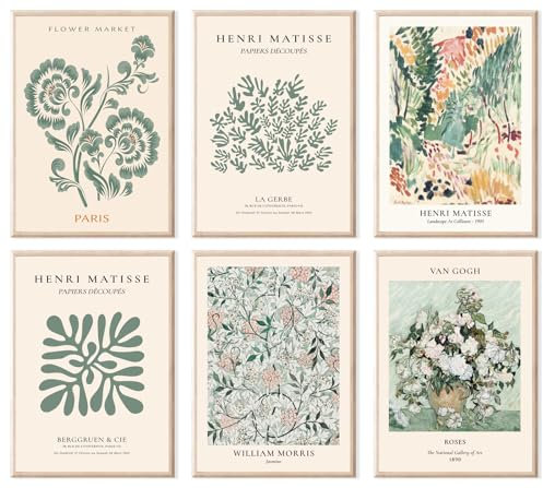 JINZUNRUI Grün Matisse Poster Set, 6 Stück Modern Wandbilder Deko Wohnzimmer Schlafzimmer, Vintage Kunstdruck Flower Market Leinwand Bilder A4 Henri Matisse Aesthetic Room Decor Posters, ohne Rahmen