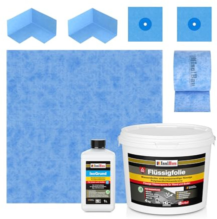 Isolbau Dichtset - Inkl. 1x Flüssigfolie (4 kg), 1x IsoGrund (1 L), 1x Dichtband (5 m), 1x Dichtbahn (1 m), 2x Innenecken & 2x Manschetten - MPA