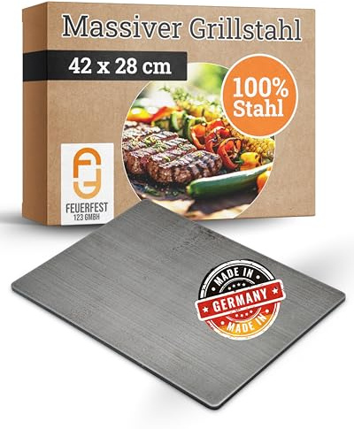 Feuerfest 123 Stahl Grillplatte I 42x28cm I Massive Stahlplatte für Kohle- & Gasgrill I Plancha-Alternative mit 8mm Stärke I Grill-Platte aus Handarbeit I Ideal als Pizzastein & Brotbackstein