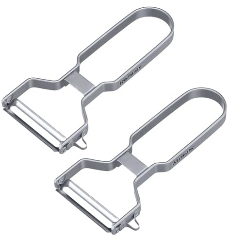Westmark 2 Pelapatate in Acciaio Inox – Robusto classico pelapatate a U con lama su due lati e scavino per le parti danneggiate – Per destrimani e mancini, Deluxe, lama liscia, 2 pezzi