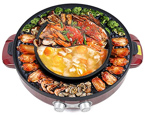 2 in 1 Electric Smokeless Grill and Hot Pot, 2200W Indoor Dual Temperature Control Multi-function Smokeless Non Stick Electric Shabu BBQ Grill for Hotpot KBBQ, Barbecue & Grill, Shabu, 2-5 People