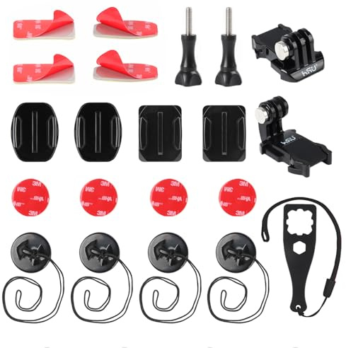 HSU Kit de accesorios para Go Pro, clips de hebilla de liberación rápida, soportes adhesivos curvados planos, correas de seguridad para la mayoría de cámaras de acción