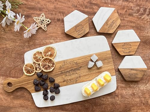 Personalized Marble and Wood Cheese Board Board with 4 Coasters SET, Custom Engraved Charcuterie Boards, Cheese Boards,Best Present for Wedding, Engagement Gift, Anniversary Gift,Housewarming Gift