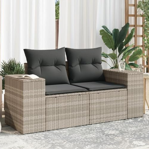 Somanki Gartensofa mit Kissen 2-Sitzer Hellgrau Poly Rattan, Gartenlounge, Garden Sofa, Balkonmöbel, Gartenmöbel, Loungemöbel - 366187