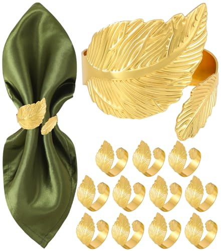 MONKKINO Napkin Rings Set of 12, Shiny Gold Napkin Rings, Smooth, Easy Care, Solid Metal Laurel Leaf Shaped Elegant Table Decor, Stylish Napkin Ring Bulk for Holidays Wedding, Party, New Homes Gift