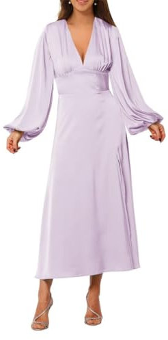 Vestido largo de satén de manga larga, vestido de graduación, vestido formal de otoño para invitada de boda, Lila, 56
