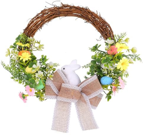 Osterkranz mit Hase, Eiern und Blümchen, Kranz aus Weide Rattan, Künstliche Türkranz, Hasenförmiger Wandkranz, Osterdeko zum aufhängen, Frühlingsdeko, Fenster Garten Tür Osterdekoration (Weiß Hase)