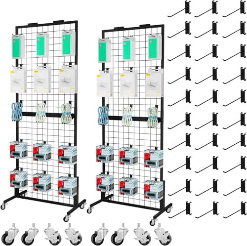 Lhysn Grid Wall Panel Display Stand, Retail Rack, Shop Display, with 30 Hooks, Heavy Movable Detachable Gird Rack for Easy Transport, Double Side Display Stand, for Shop/Office/Home (2 PCS)