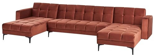 Beliani Wohnlandschaft Samtstoff rot gesteppt 5-Sitzer U-Form mit Schlaffunktion Alnes