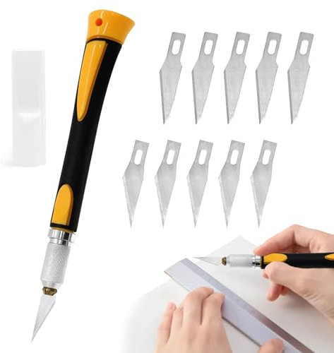 Skalpell Basteln,Skalpell Messer,Bastelmesser,Bastelmesser Skalpell,Mit Softgriff Inklusive, Mit 10 Ersatzklingen Mit Einem Rostschutz-Ölfilm Beschichtet, Carving Craft Messer(Gelb)