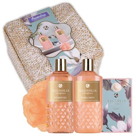 Accentra Geschenkset Frauen BATHING RITUALS in schönem Korb, 4tlg. Badeset Geschenk mit Duschgel, Schaumbad, Seife & Netzschwamm – Wellness Set für Frauen & Mädchen Duft: Magnolia & Wildflower