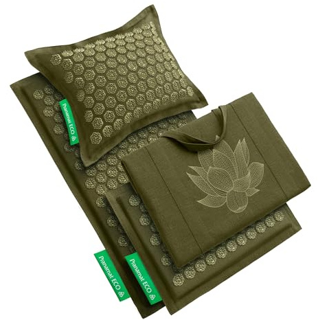 Pranamat Acupressure Large & Small Mat with Pillow and Bag Set, Premium Acupressure Therapy for Pain Relief and Relaxation, Handcrafted in Europe with Sustainable and Natural Materials (Olive)