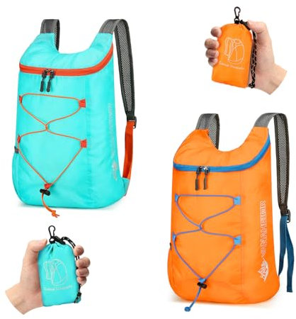 Sahunfri Ultraleichter Faltbarer Rucksack, Wasserabweisend Faltbarer Rucksack Ultraleicht, Reiserucksack,Kleiner Wanderrucksack Damen und Herren, für Camping, Wandern, Radfahren (Blau, Orange)