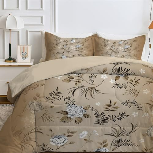 SYHIEGO Blumen Bettdecke 135x200 cm, 4-Jahreszeiten Steppdecke, Waschbare Ganzjahresdecke ohne Bezug, Pflanzen Muster Weiche Schlafdecke, Einzelbettdecke, Braun -Ea372