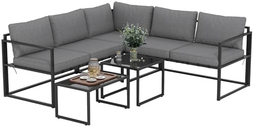Outsunny - Salón de jardín esquinero 4 piezas: sofá 3 plazas, sofá 2 plazas, 2 mesas bajas nido cristal templado, cojines incluidos, muebles de terraza Veranda, gris