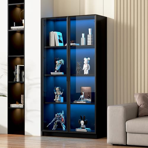 NNJN Glasvitrine mit APP LED-Beleuchtung, doppeltürige Vitrine mit beweglichen Einlegeböden, 80 * 40 * 160cm,Hochschrank für Wohnzimmer, Standvitrine,Badezimmerschrank