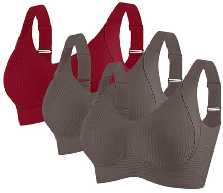 3 Pieces Sports Bras for Women Full Coverage Ribbed Seamless Bralettes Soft Breathable Lingerie Ladies Bra Adjustable Leisure Stretch Everyday Bra Underwear Comfort Non Wired Bras