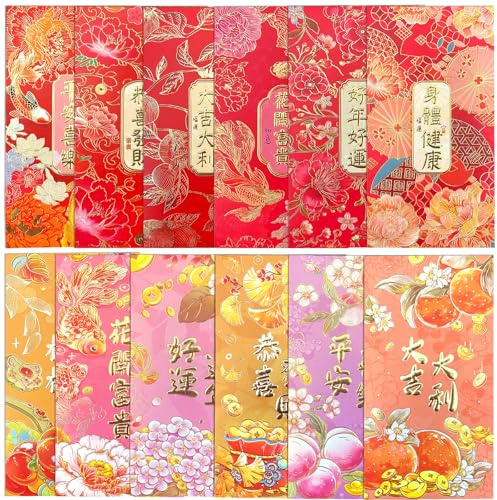 FAURAPMNG 12 st kinesiska nyårskuvert, röda kuvert, stora Hong Bao, lyckliga pengar, kuvert, röda paket, Lai See för Lunar nyår, vårfestival, bröllop, födelsedag etc., 9 x 17 cm