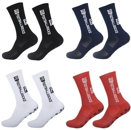 GGUFAY 4 Paires Chaussettes Antidérapantes Foot, 39-44 Chaussette Antidérapantes Homme, Chaussettes De Football Antidérapantes, Grip Socks, Basket-Ball (Noir, Blanc, Rouge, Bleu Marine)