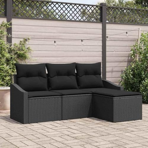 QJBSAVVA Gartensofa 4-Sitzer Outdoor Lounge Set Poly Rattan Schwarz Modular für Balkon Terrasse