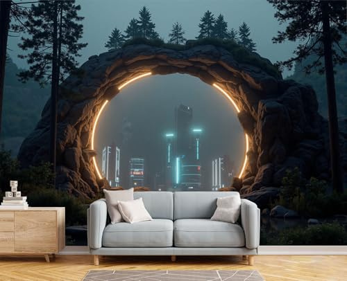 Mural de Pared Estilo fantasía Bosque del portal Bosque, Papel Pintado Fotográfico, Decoración para Dormitorio, Revestimiento de Pared, 150 x 105 cm azul-verde