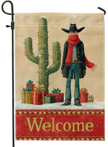Bandiera da giardino con cactus, regali di Natale occidentali in iuta rossa su entrambi i lati, bandiere decorative per esterni, portico, prato, patio, terrazza, 30,5 x 45,7 cm
