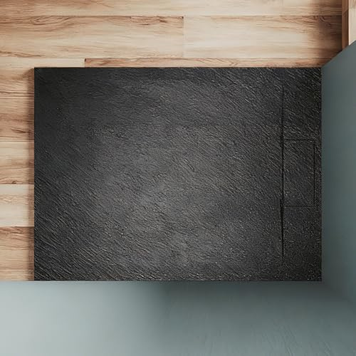 SUNXURY Plato de ducha plano SMC 140 x 90 cm, 32 mm, aspecto de pizarra y estructura antideslizante, color negro, sin sifón