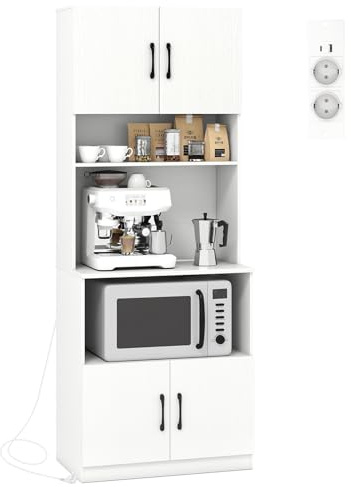 COSTWAY Küchenschrank Holz, 168 cm hoch, Hochschrank mit Steckdosen, USB-Anschlüsse & Type C, 4 Türen, verstellbaren Regalen, Vorratsschrank Buffetschrank, für Küche Wohnzimmer Esszimmer, Weiß