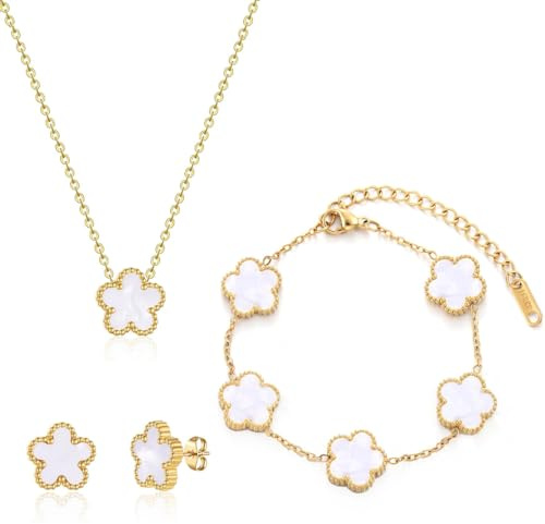 XIWCAFC Vierblättriges Kleeblatt Schmuckset für Damen und Mädchen 18K Roségold Plattiert Edelstahl Zweiseitig Weiß Schwarz Anhänger Halskette Ohrstecker Armband Emaille Schmuck Set (Weiß)