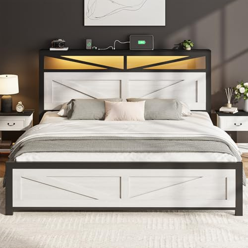PROZENBDING Cadre de lit Double 160x200 avec LED et USB, Blanc