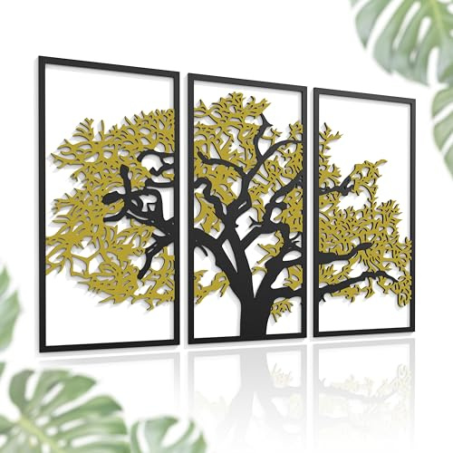 Outentin 3D Holz Wandbild Set – Moderne Wanddeko aus Holz 5mm – Wandkunst & Wandskulptur für Wohnzimmer, Schlafzimmer & Büro – Abstrakte, Boho & Zeitlose Holzdeko (90x64 cm, Goldener Baum)
