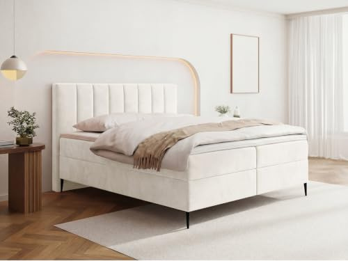 WFL GROUP Boxspringbett mit Bettkasten – Polsterbett 180 x 200 cm mit H4 Taschenfederkern 7-Zonen Matratze & 5 cm Topper – Stauraumbett mit hohem Kopfteil & Metallfüße – Samt Velours Creme
