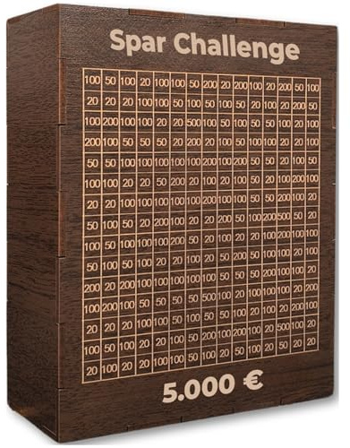 ROANNA Spardose Holz XL - Spar Challenge mit Zahlen zum Ankreuzen - Sparziel 5.000-50.000 Euro - Geschenk Erwachsene Kinder (Walnussholz, 5.000€)