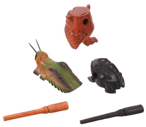 Cabilock Guiro Percussion Instruments Set Smooth Handpolished Surface Wooden 3pcs with Frog, Cricket and Owl Shapes, Lightweight Handcrafted Sound Quality for Individual Play and School