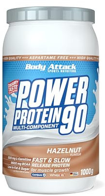 Body Attack Power Protein 90, Nocciola, 1 kg, 5K proteine in polvere con proteine del siero di latte, L-carnitina e BCAA per la costruzione muscolare e il fitness