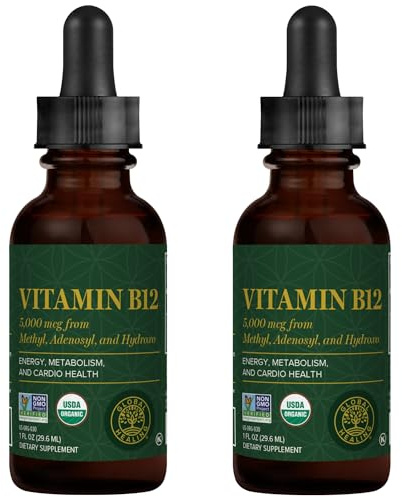 Global Healing Center - Vitamin B12 5000 mcg, Organic Sublingual Liquid Drops | 3-in-1 Methylcobalamin, Adenosylcobalamin, Hydroxo Blend, 1 Fl Oz (2-Pack)