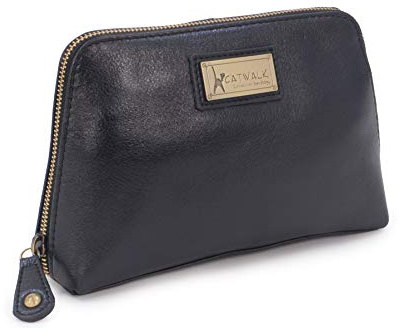 Catwalk Collection Handbags - Women's Leather Cosmetic Bag - Medium Travel Makeup Pouch - Make-Up Case - Emma - Black