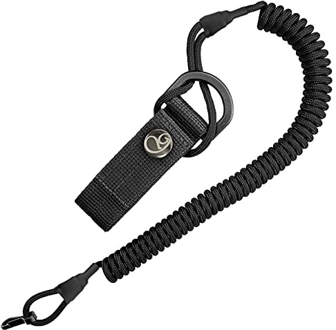 Ganzoo cable en espiral elástico con funda tipo paracord negro, retenedor para llaves y herramientas, correa extensible 48-150 cm, 4 mm, mosquetón, cierre de gancho y bucle, botón a presión, soporte