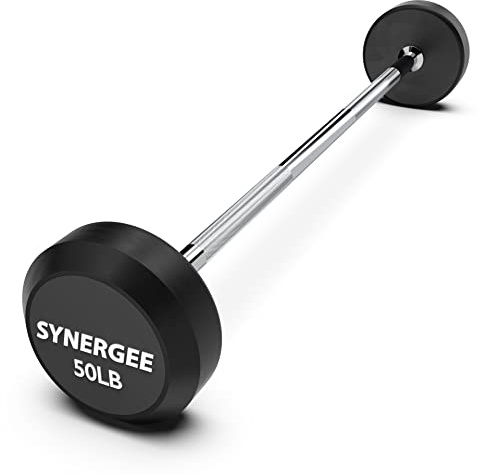Synergee Fixed 50LB Barbell - Pre Weighted Straight Steel Bar with Rubber Weights - Fixed Weight