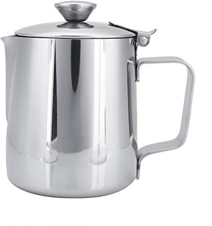 Outbit Bricco per latte con coperchio, tazza da caffè in acciaio inossidabile, montalatte, bricco per latte art per versare caffè e preparare cappuccino e latte per cucina (600 ml)