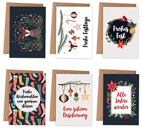Papierdrachen Weihnachtskarten | 6 weihnachtliche Grußkarten als Klappkarte inklusive Umschlag zur Adventszeit - Stilvolles Design zur Weihnachtszeit - Motiv Reh - petrol - Christmas