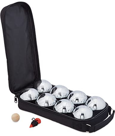 Relaxdays Boule Kugeln, 8 Metall Kugeln, Set mit Zielkugel & Abstandsmesser, Tragetasche, Boccia Spiel, silber/ schwarz
