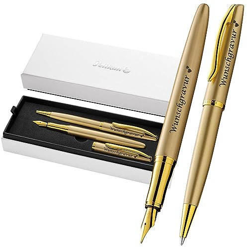 Pelikan Füller & Kugelschreiber Jazz® Noble Elegance im Set mit Wunschgravur | inkl. Geschenkeuti | Emoji Gravur | Gold Gelb Schreibset mit Gravur PS203
