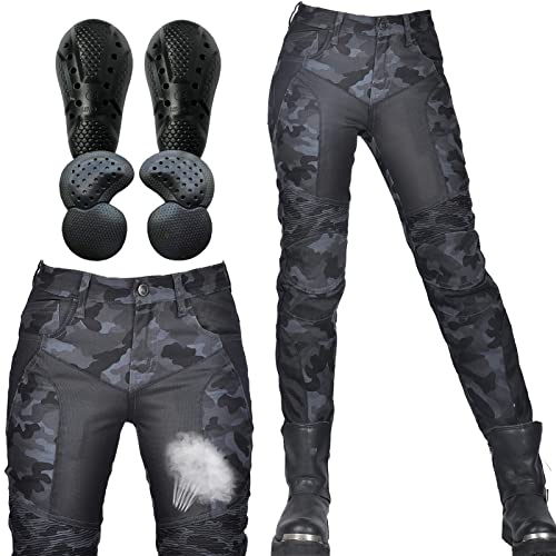 SHUOJIA Damen Motorradjeans mit Camouflage-Denim-Hose mit atmungsaktivem Mesh und abnehmbaren Hüft- und Knieprotektoren Sommer (Blue,XL)