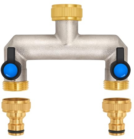 2-Wege Wasserhahn Wasserverteiler aus Messing für 2 Geräte/Gartenschläuche, 2er Verteiler 3/4 Adapter 1/2 mit Kugelhahn zum Einstellen und Absperren des Wasserflusses