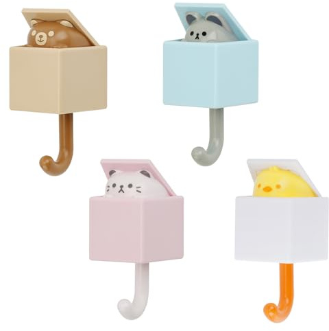 Towviy Ganci Autoadesivi 4 Pezzi, Ganci Adesivi Portasciugamani Impermeabile Carini Ganci Autoadesivi per Bambini Appendino da Porta per Bagno Cucina, 4 Stili
