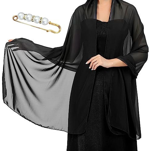 TAFACE Schwarzer Chiffon-Schal und Perlen-Diamant-Brosche - Damen Dinner Party Schal mit doppeltem Verwendungszweck, kann mit Abendkleid Cheongsam kombiniert werden