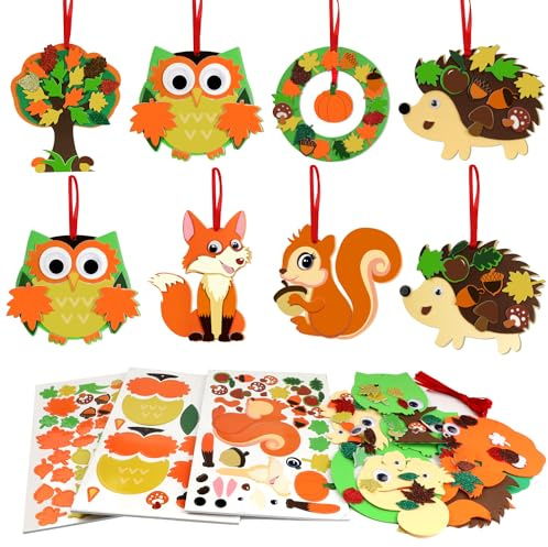 AFXXE Bastelset Herbst,8 Stück Herbst Basteln kinder,Igel Eule Eichhörnchen Fuchs Ahornblatt Kränze Basteln Herbst,Bastelsets für Kinder mit Moosgummi Schablonen,DIY Herbst Fensterdeko Kreativsets
