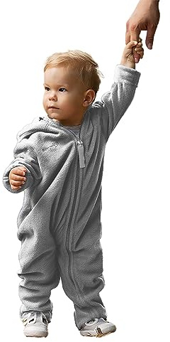 Hoppediz Baby Overall Fleece, stone 56-62 | Wärmender Overall mit extra langen Beinen, Umschlagbündchen an Händen und Füßen, ideal für Babytrage und Tragetuch