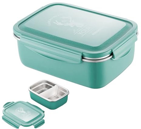 Tokenhigh Bento Box, Stainless Steel Lunch Box for Kids and Adults, Leakproof with Removable Compartments (850ml, Green)